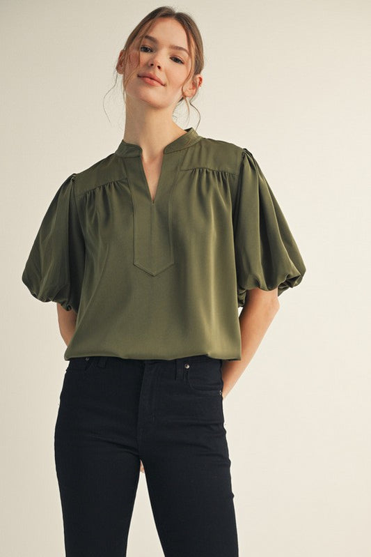Solid V-Neck Shirred Placket Puff Sleeve Top
