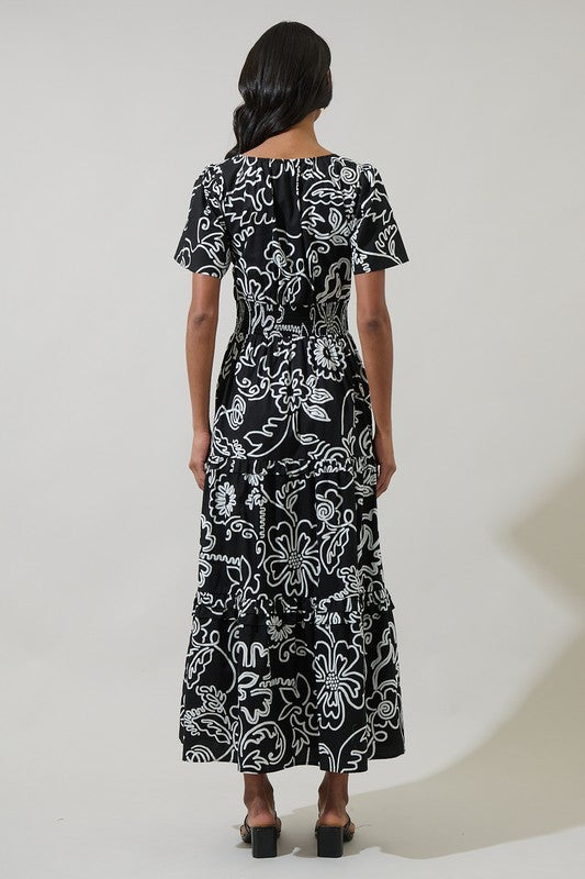 Floral Outline Smocked Waist Maxi Dress-Black