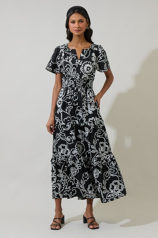 Floral Outline Smocked Waist Maxi Dress-Black