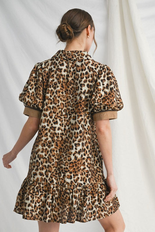 Leopard Button Down Collared Stripe Accent Dress-Brown