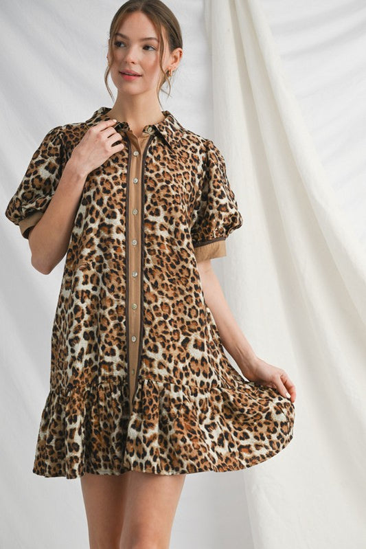 Leopard Button Down Collared Stripe Accent Dress-Brown