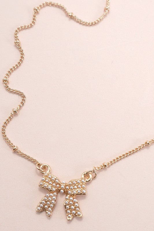 Pave Pearl Bow Ball Bead Chain Necklace-Gold