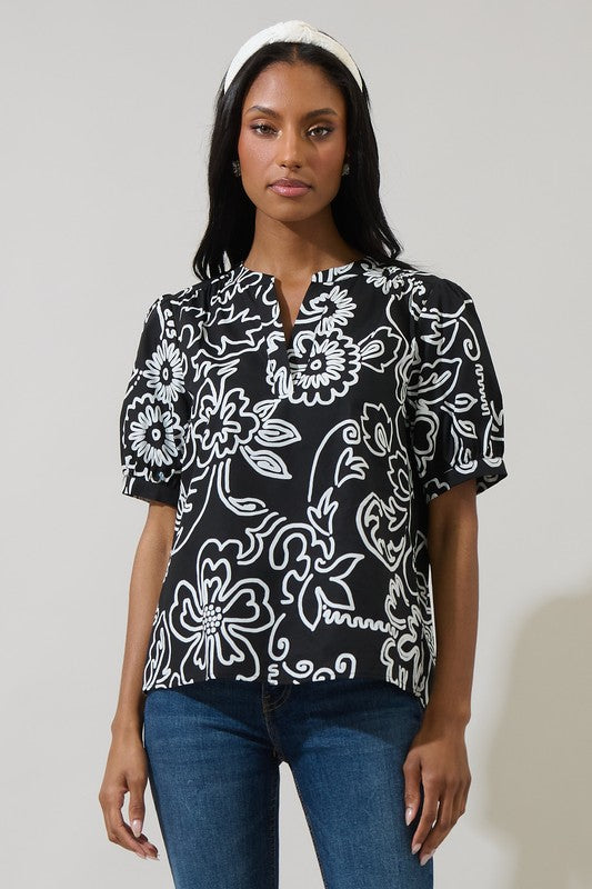 Floral Outline Split Neck Puff Sleeve Top-Black