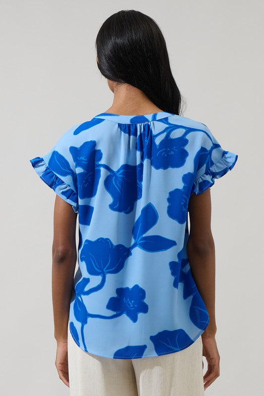 Floral Split Neck Ruffle Sleeve Top-Blue