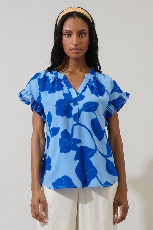 Floral Split Neck Ruffle Sleeve Top-Blue