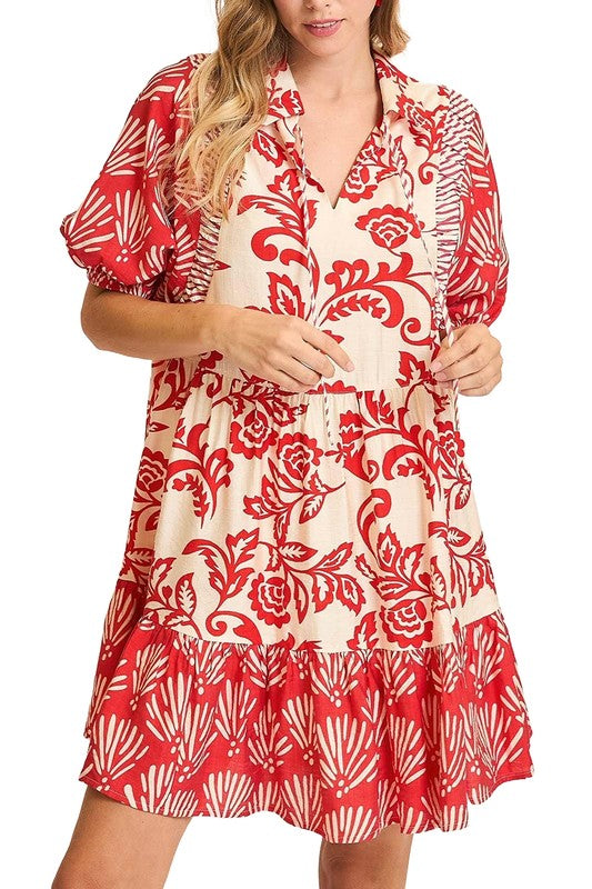 Mixed Print Collared Tie Neck Tiered Dress-Red