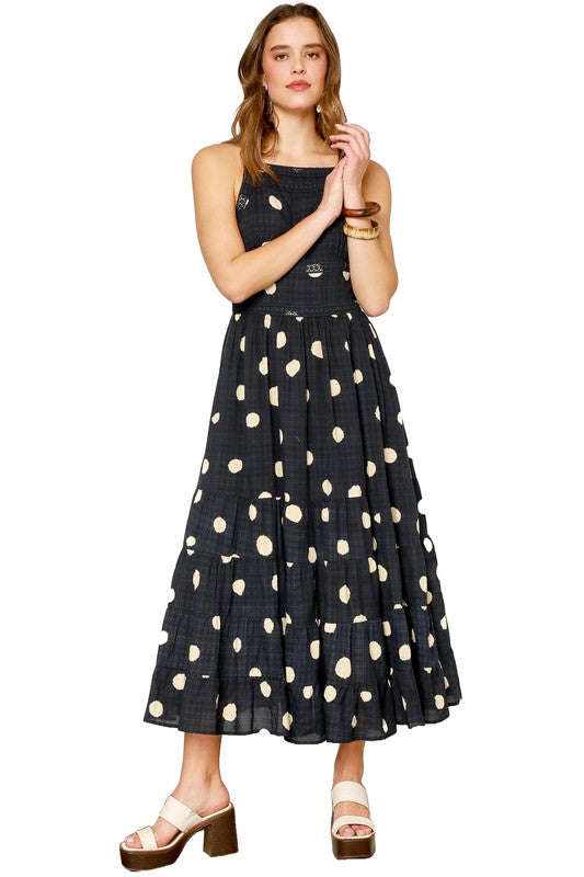 Polka Dot Sleeveless Square Neck Tiered Midi Dress-Black