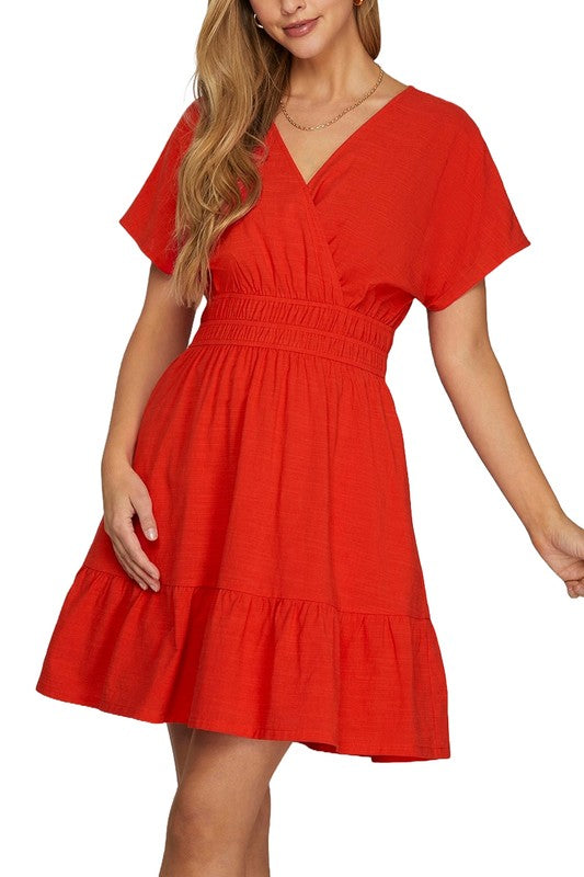 Solid Surplice Dolman Sleeve Tiered Dress-Red
