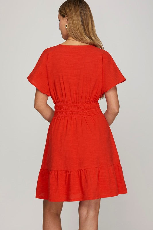 Solid Surplice Dolman Sleeve Tiered Dress-Red