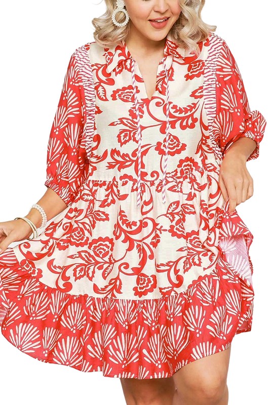 Mixed Print Collared Tie Neck Tiered Dress-Red