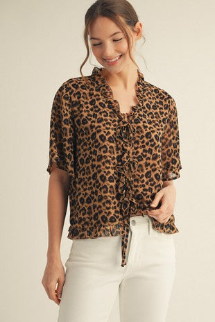 Leopard Ruffle V-Neck Tie Bows Top-Bown