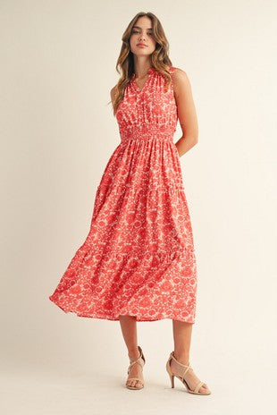 Sleeveless Floral V-Neck Tiered Midi Dress-Red
