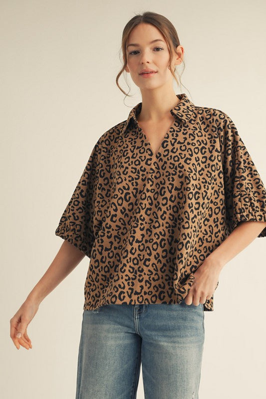 Leopard Drop Shoulder Collared Top