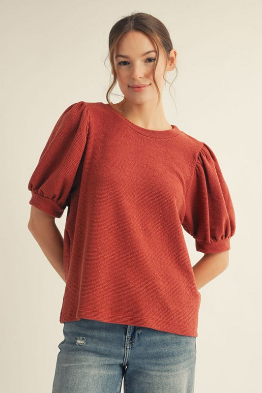 Solid Textured Puff Sleeve Top
