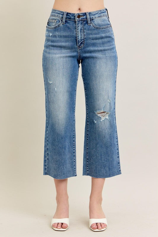 High Waist Raw Hem Cut Crop Wide Leg Denim
