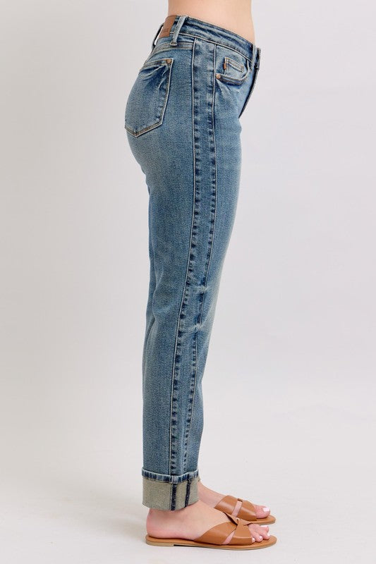 Medium Rise Double Side Panel Seam Cuffed Denim