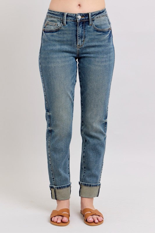 Medium Rise Double Side Panel Seam Cuffed Denim