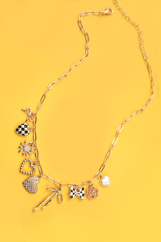 Checkered Heart & Bow Charm Necklace-Blk