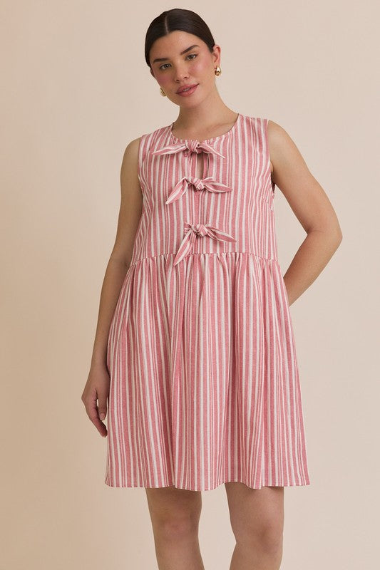 Sleeveless Striped Front Bow Ties Dress-Red