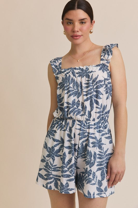 Tropical Print Square Neck Ruffle Strap Romper-Blue