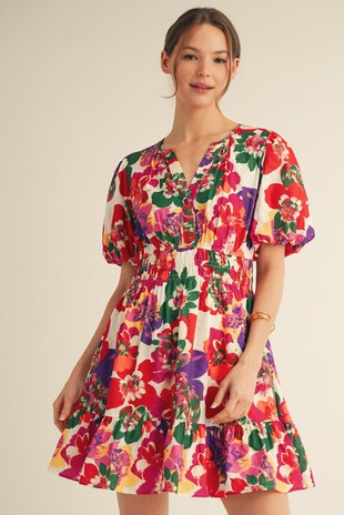 Floral Puff Sleeve Gathered Waist Tiered Dress-Multi