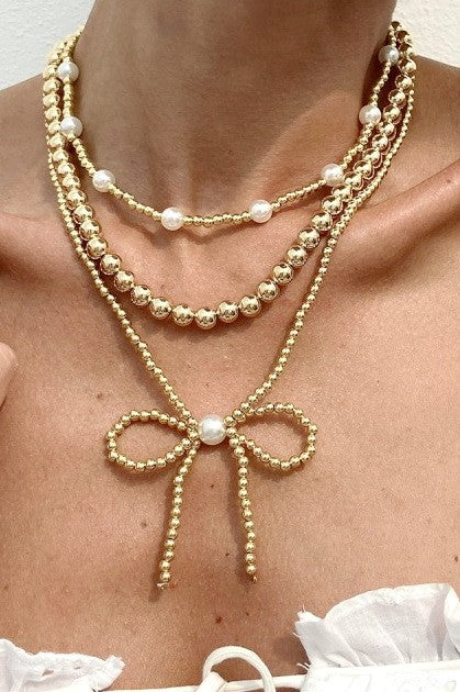 Multi Layer Ball Bead & Pearl Bow Necklace Set
