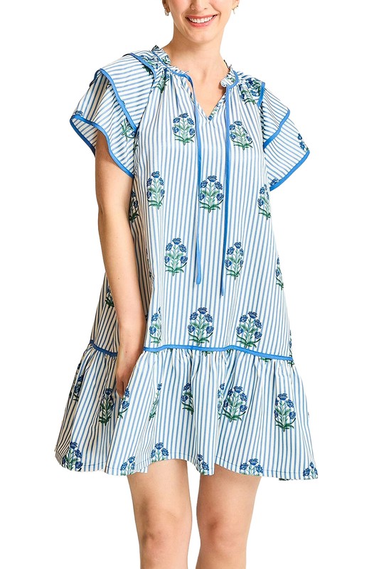Striped Tiered Sleeve Dress w/ Floral Embroidery -Blue