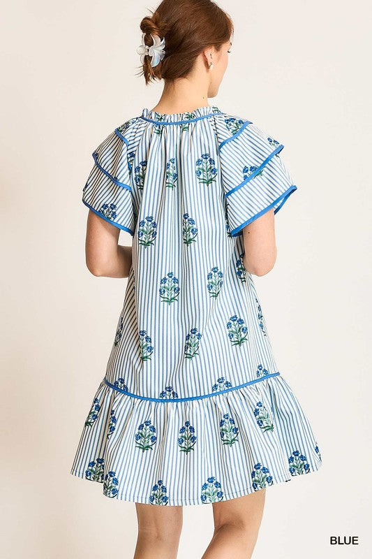 Striped Tiered Sleeve Dress w/ Floral Embroidery -Blue