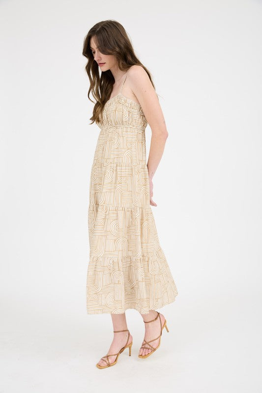 Abstract Arches Empire Waist Tiered Midi Dress-Khaki