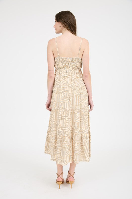 Abstract Arches Empire Waist Tiered Midi Dress-Khaki