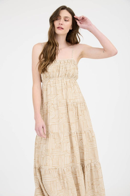 Abstract Arches Empire Waist Tiered Midi Dress-Khaki