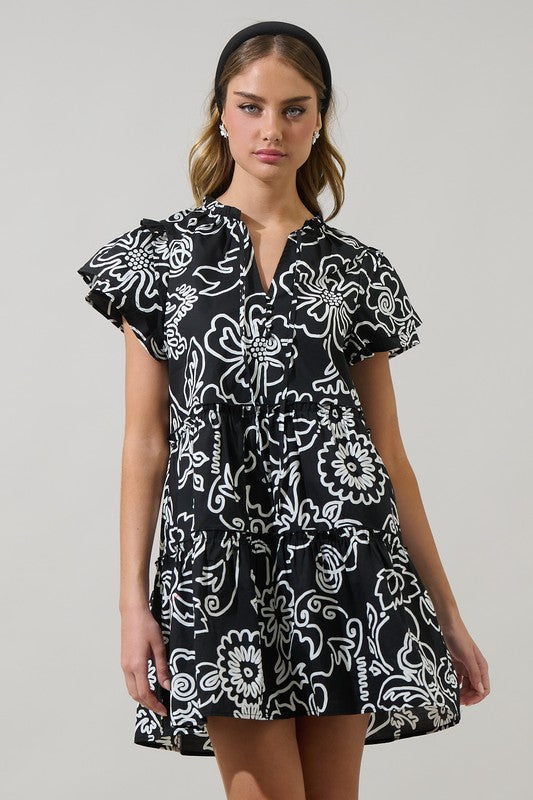 Floral Outline Layer Sleeve Tiered Dress-Black