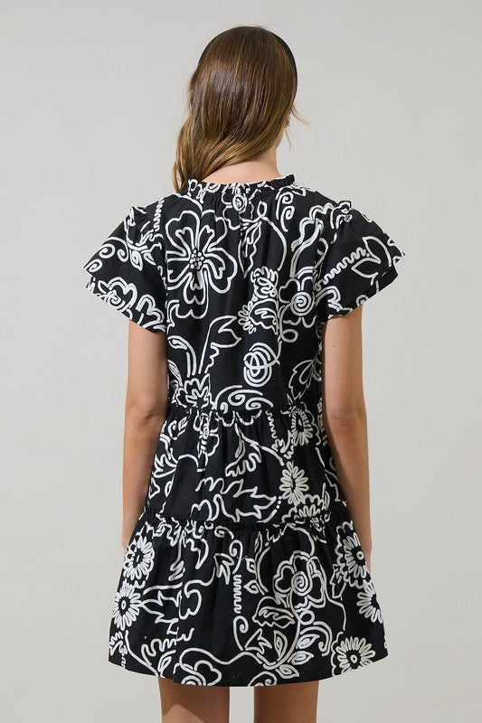 Floral Outline Layer Sleeve Tiered Dress-Black