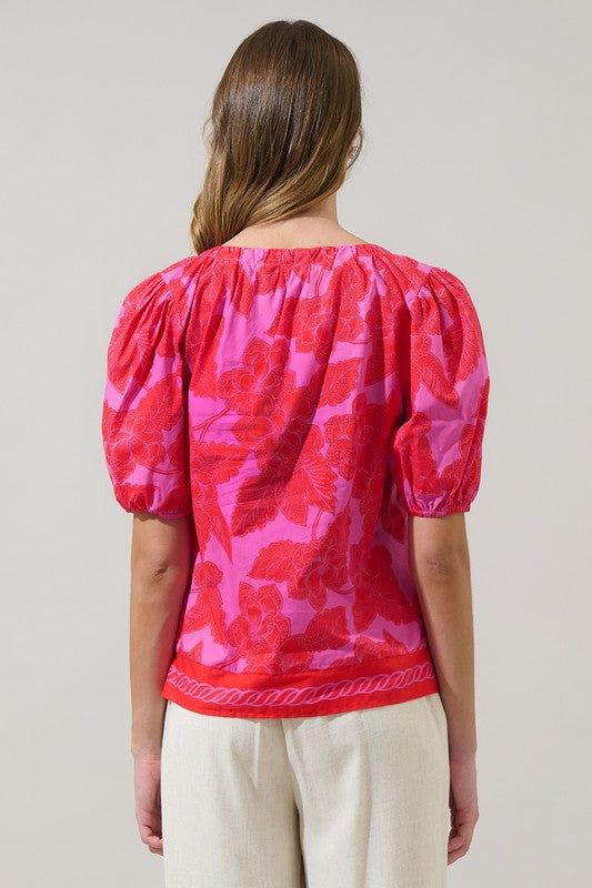 Floral Border Print Puff Sleeve Top-Fuchsia/Red