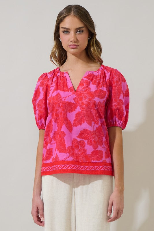 Floral Border Print Puff Sleeve Top-Fuchsia/Red