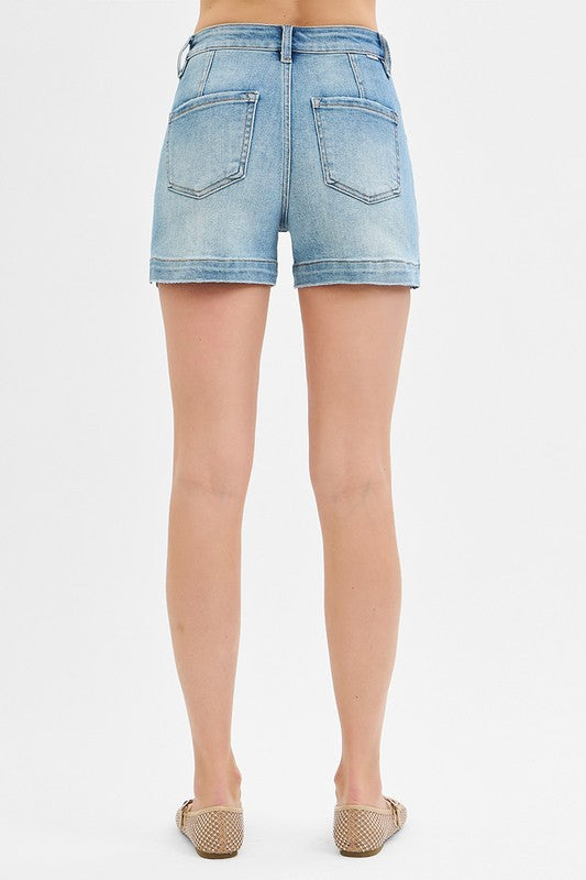 High Rise Button Patch Pocket Denim Shorts-Light