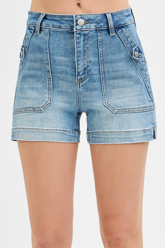 High Rise Button Patch Pocket Denim Shorts-Light