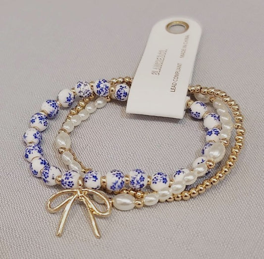 Floral Ceramic Bead, Pearl & Bow Bracelet Set-Blue