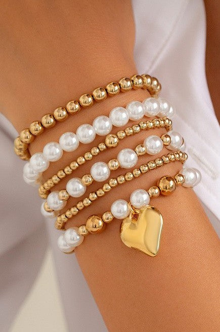 Pearl & Gold Ball Bead Heart Bracelet Set
