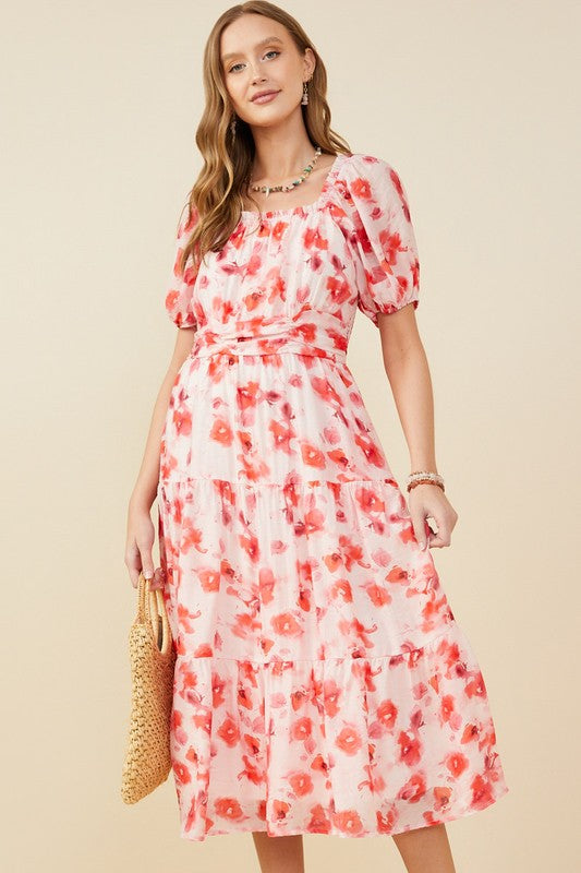 Floral Gathered Waist Square Neck Puff Sleeve Midi Dress-Pink