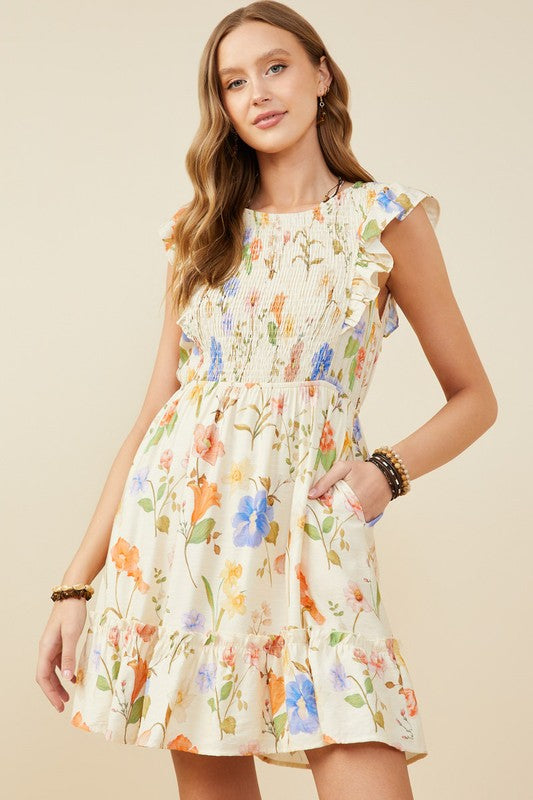 Floral Smocked Ruffle Sleeve & Hem Dress-Ivory