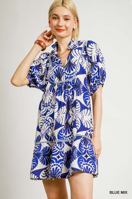 Tropical Leaf Border Yoke & Hem Dress-Royal