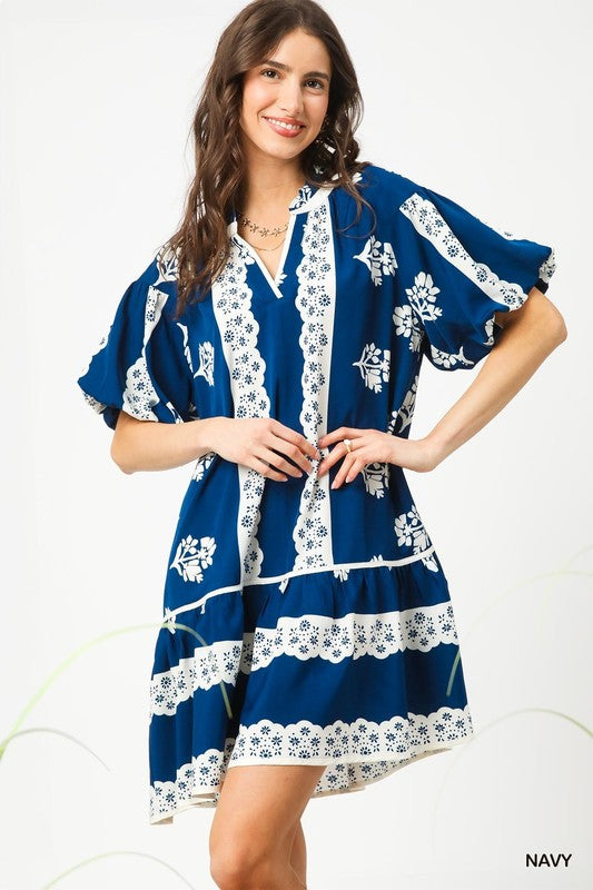 Floral & Scallop Design Puff Sleeve Dress-Navy