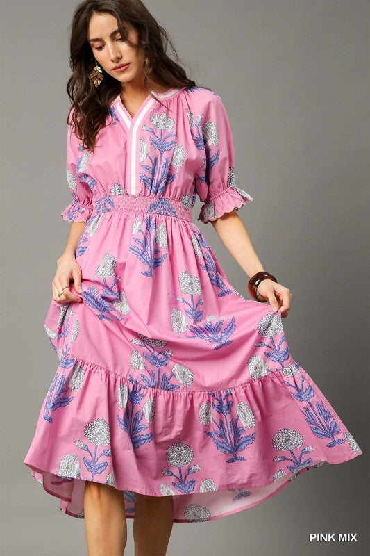 Large Spaced Floral Stripe Placket Midi Dress-Lt Pink