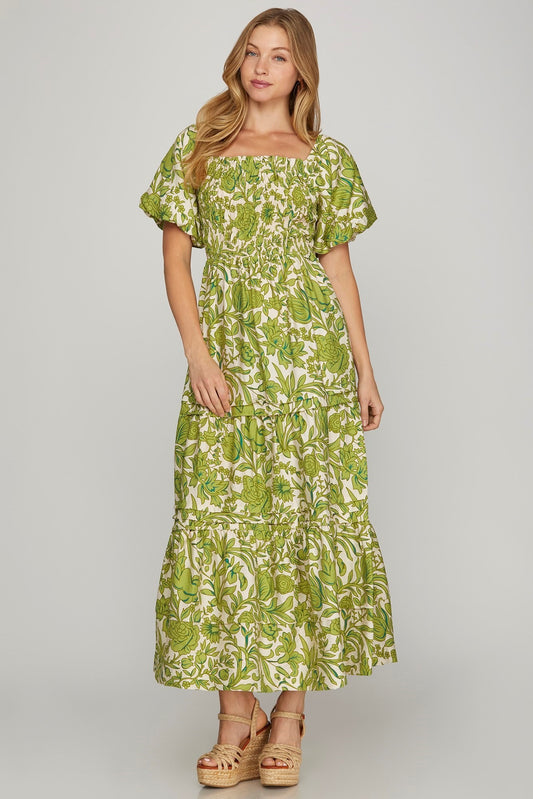 Floral Smocked Puff Sleeve Tiered Maxi Dress-Green