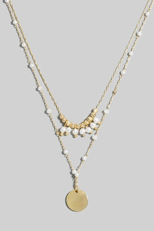 Coin Pendant Pearl Station Beads Layered Necklace