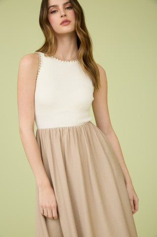 Sleeveless Whip Stitch Trim Mixed Media Midi Dress-Khaki