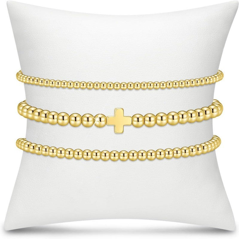 Mini Cross & Gold Ball Bead Bracelet Set-Gold