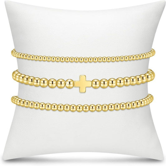 Mini Cross & Gold Ball Bead Bracelet Set-Gold