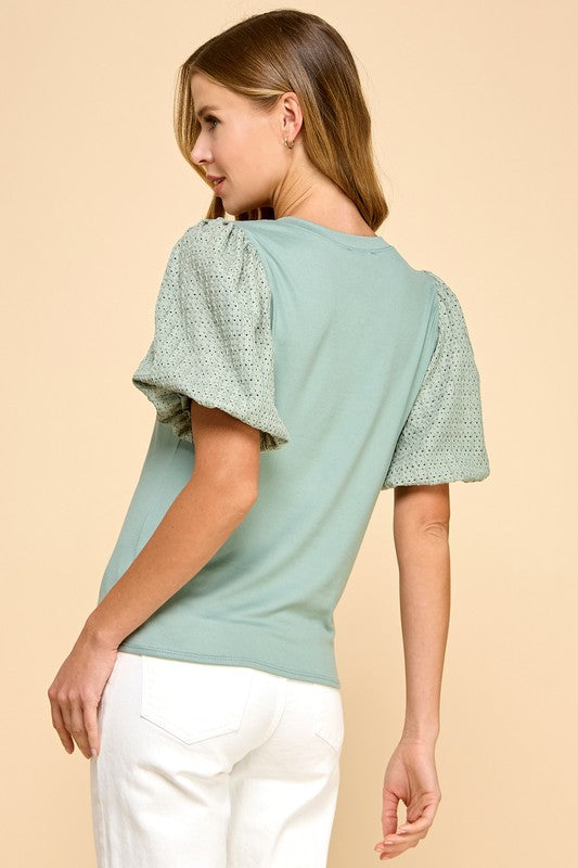 Solid Top w/ Tonal Eyelet Lace Puff Sleeve